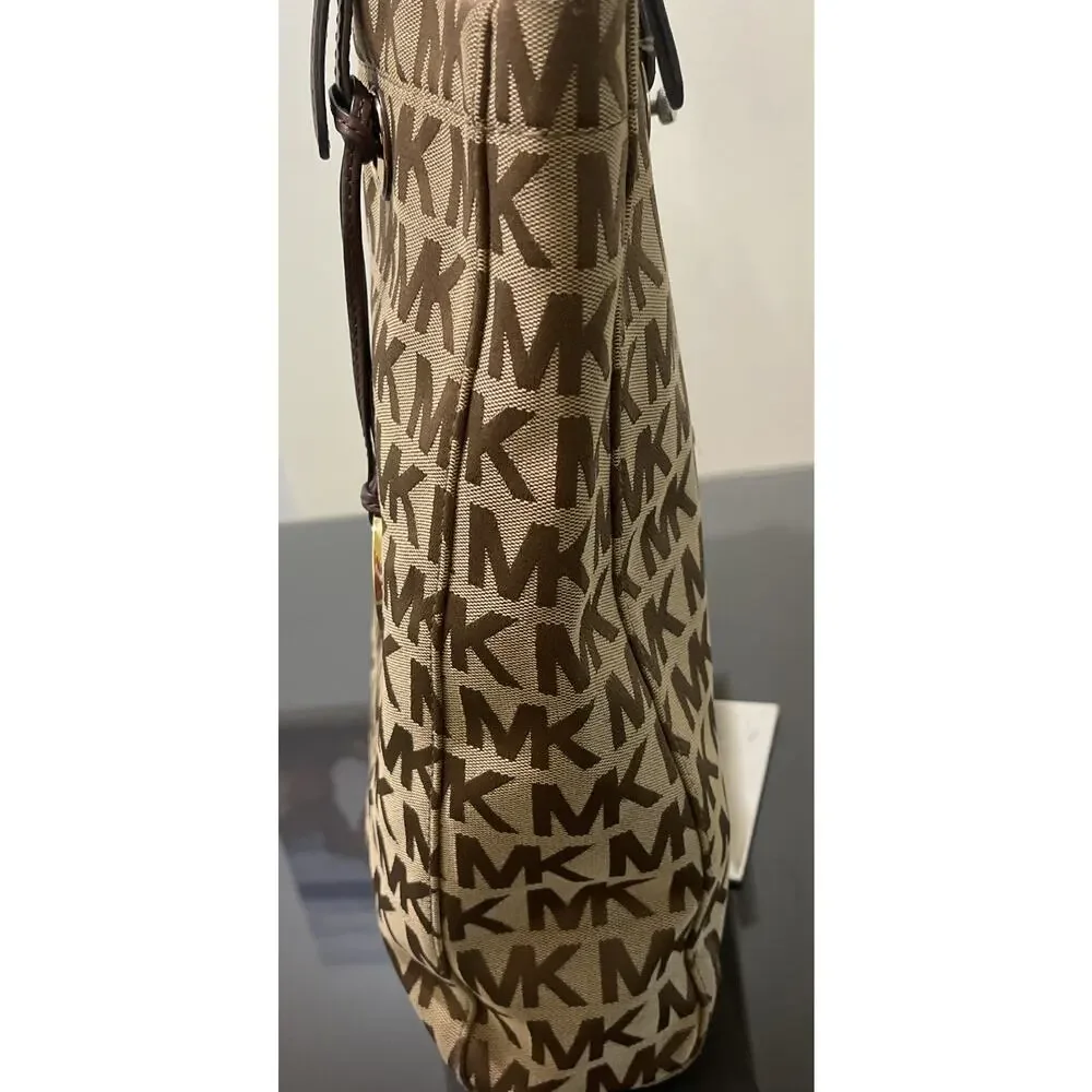 Michael Kors Jet Set MK Logo Brown Beige Canvas Tote Bag Purse